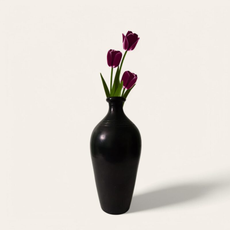 Black Pottery Tulip Shape Bottle Vase – Handcrafted Flower Vase Online for Living Room Decor